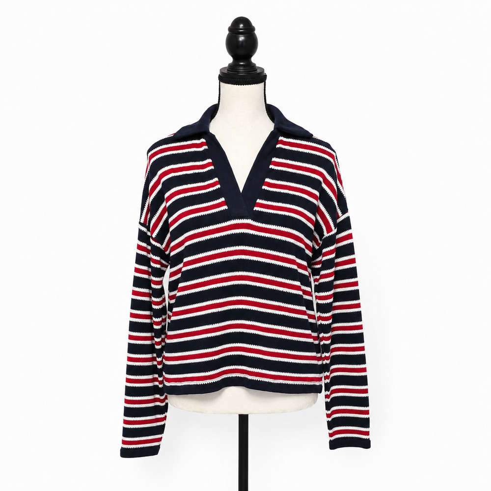 Madewell Polo Shirt Womens Small Red White Blue Stripe Relaxed 100% Cotton NWT